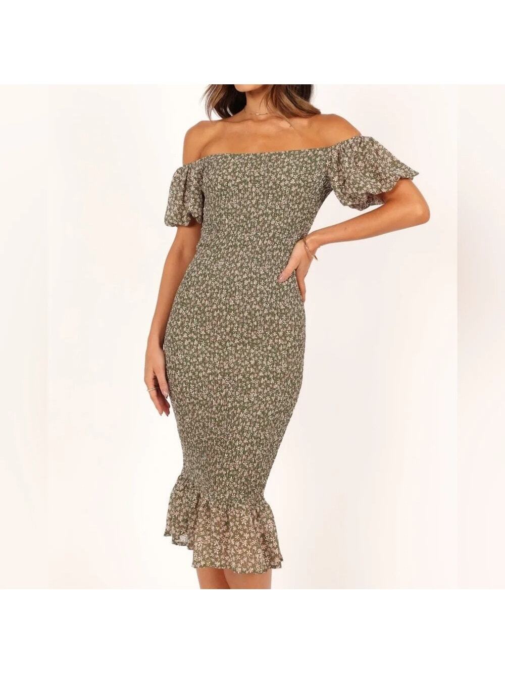 Petal + Pup Claire Green Floral Smocked Off The Shoulder Fitted Midi Dress 8